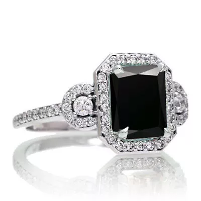 Halo Engagement Ring 3Ct Radiant Cut Black Moissanite White Gold Finish Size 8.5 • $153.90