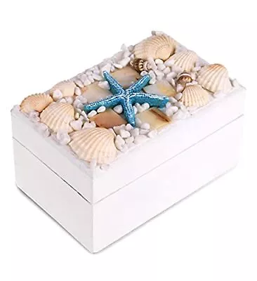 Oceanic White Wooden Jewelry Box - Handcrafted Nautical Trinket With Seashell... • £24.73
