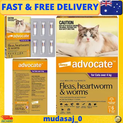 Advocate Flea Heartworm And Worm Control For Cats Over 4kg Purple 6 Pack • $89.99