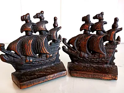 Vintage Sailing Ship Bookends Cast Iron W Copper Finish Galleons Nautical Decor • $22