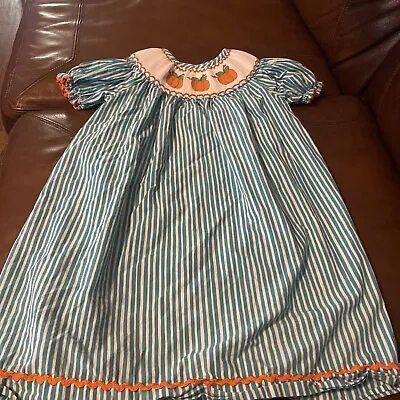 Girls Banana Split Smocked  Dress SZ 4 Thanksgiving Pumpkins Striped Turquoise • $26
