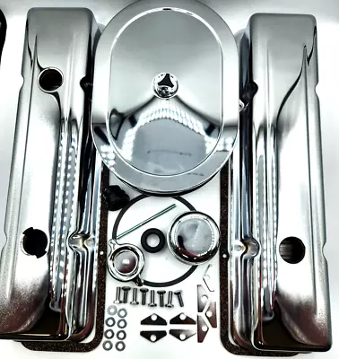 SB Chevy Chrome Steel Valve Cover Complete Kit W/ Oval Air Cleaner 1959-86 350 • $139.99