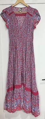 JAASE Button Through Floral Maxi Dress Sz M Red Mauve Crochet Trim • $40