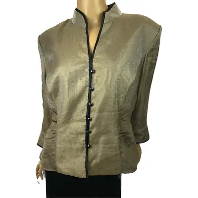 J.R. Nites By Carol Lin Sz 14 Brown Metallic Top Blouse 3/4 Sleeve Button Front • $12.98