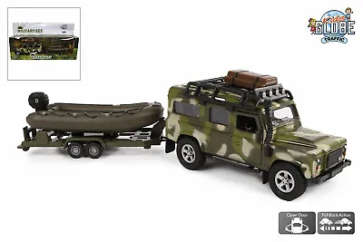 Kids Globe Army Land Rover & Boat Toy Dinghy Trailer Military Set Die Cast Toy • $27.06