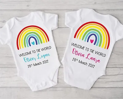 £7.95 • Buy Personalised Custom Baby Name Rainbow Baby Grow Bodysuit Reveal Announcement