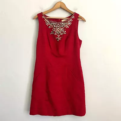 Anthropologie Moulinette Soeurs Red Dress Women Size 8 Beaded Jewel Sleeveless • $24.95