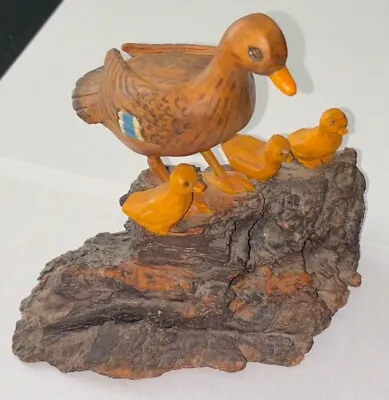 Vintage Folk Art Hand Carved Wood Mama Duck & 3 Baby Chicks On Driftwood • $29.99