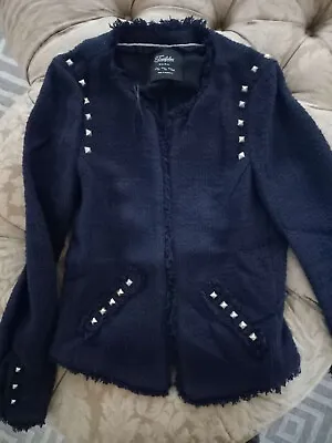 ZARA TRAFALUC COLLECTION Tweed Studded Blazer In Navy Blue Women's Size SM • £50.67
