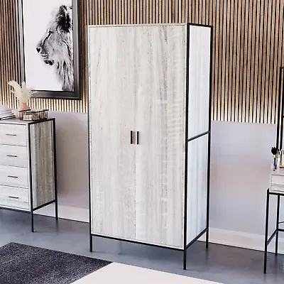 SALE 2 Door Wardrobe Industrial Rustic Bedroom Furniture Grey • £99.86