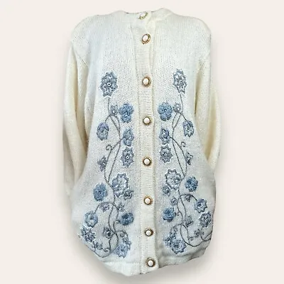Vintage Cardigan Cream Mohair Blend Floral Embroidered  Cottage Core  One Sz • £19.99