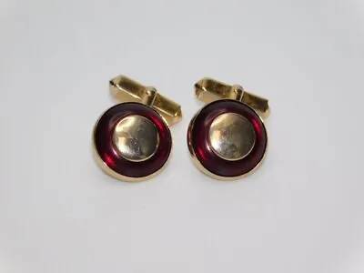 J575-vintage Cufflinks~gold Tone/red Round Band~swank~5/8  • $7