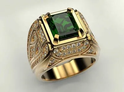 Men's 2Ct Emerald Cut Lab Created Emerald Wedding Ring 14k Yellow Gold Plated • $129.59