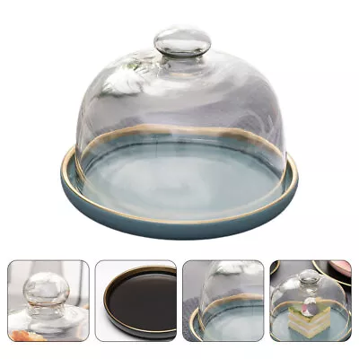  Blue Ceramic Cake Stand With Clear Glass Dome Cover For Desserts And Baked-ES • £28.15