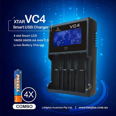 XTAR VC4 4-Slot Smart LCD 26650 Battery Charger + 4 PKcell 1.2v 900mah AAA NI-MH • $52.99