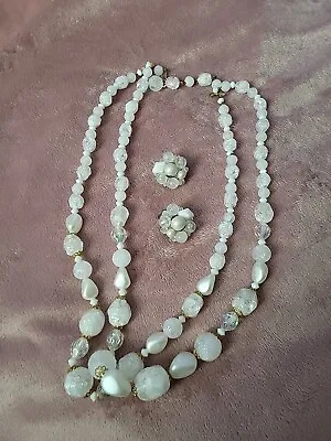 Vintage West Germany White Beaded 2 Strand Necklace With Clip-on Earrings • $10.40