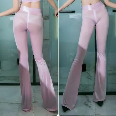 Lady See Through Glitter Pants Trousers Zip Crotch Sheer Transparent Bell Bottom • £23.94