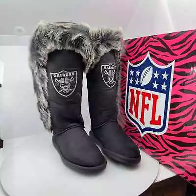 NFL Womens Boots Oakland Raiders Cuce Devoted Slip-On Shoe Faux Fur Black Size 9 • $69.99