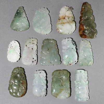 $22.50 • Buy 13Pc Vintage Chinese Carved Jadeite Jade Pendants Group Lot #5