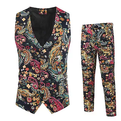 Mens Casual Party Vintage Bright Color Printing Vest Pants Two-piece Suit Vest • $27.98