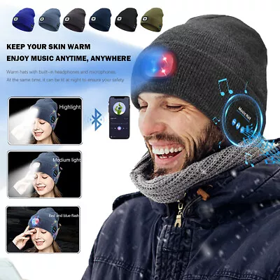 Unisex Bluetooth 5.0 Music Beanie Hat Handsfree Speaker LED Head Lamp Light Hat • $14.99