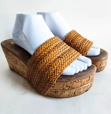 Volatile Boho Platform Wedge Sandal Womens Size 9 Natural Raffia Slides Cork • $24.99