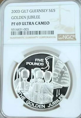 2003 Guernsey Silver 5 Pounds Golden Jubilee Ngc Pf 69 Ultra Cameo Top Pop • $124.95