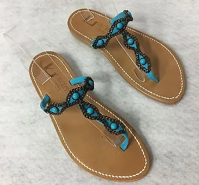 K Jacques St Tropez Ismelda Blue Stone Thong Leather Sandals Shoes France 39 NEW • $89.99