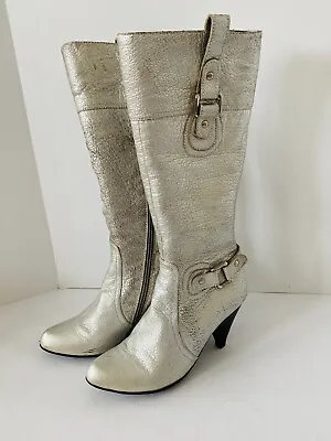 $90 • Buy Vtg Silver Leather/faux Fur Lined Vegas Lounge Singer Style Gogo Boots Size 6
