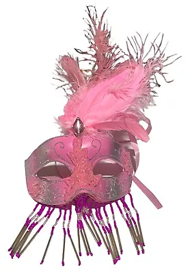 Pink Venetian Mask With Feather Beads And Silver Accents • $9.99