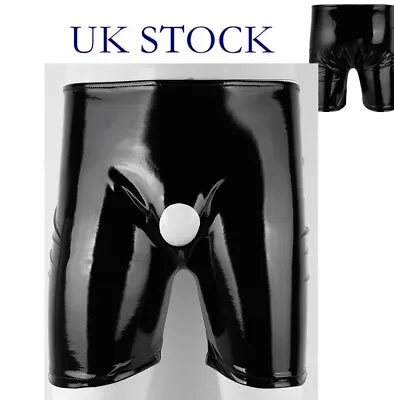 UK Sexy Men Lingerie Shiny Leather Open Front Hole Trunk Shorts Tight Underwear • £4.59