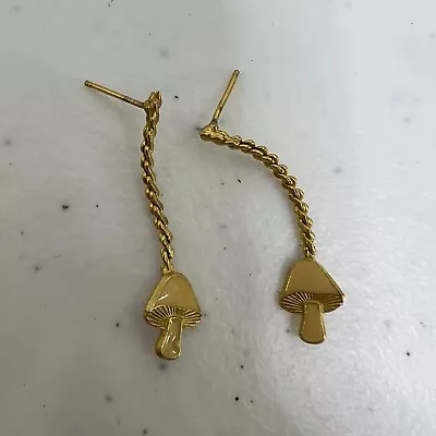 Mushroom Earrings Enamel Gold Tone Dangle Chain Vintage Cream Cottagecore Boho • $8.24