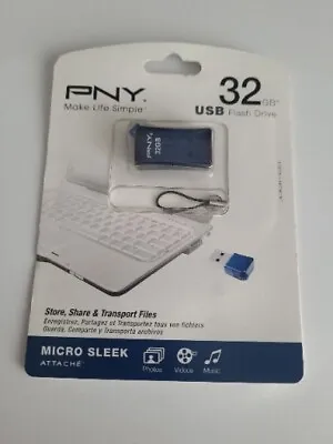 PNY Micro Sleek Attache 32GB USB Flash Drive With Cap & Strap Blue • $12.99