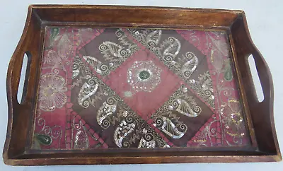 ANTIQUE PERSIAN QAJAR DECORATIVE HANDWOVEN With SILVER TERMEH CLOTH WOODEN TRAY • $349