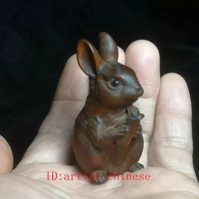 H 6 CM Old Chinese Boxwood Hand Carved Rabbit Figure Statue Netsuke Collection • £22.79