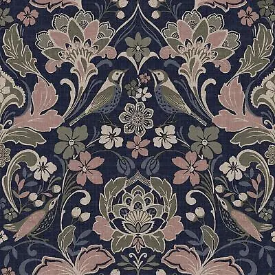 Folk Floral Wallpaper Birds Flowers Leaves Textured Vintage Damask Navy 946104 • £17.99