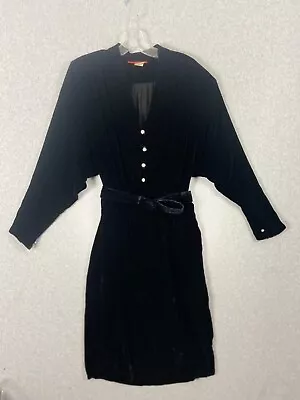 Vintage Halston Lll Womens Velvet Midi Dress 12 Black 80s Belted Rhinestone • $89.99