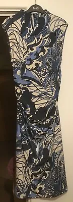 Blue Cream Pattern Ruched H&M Stretchy Dress. Unlined.High Neck. Size L. (12-14) • $9.95