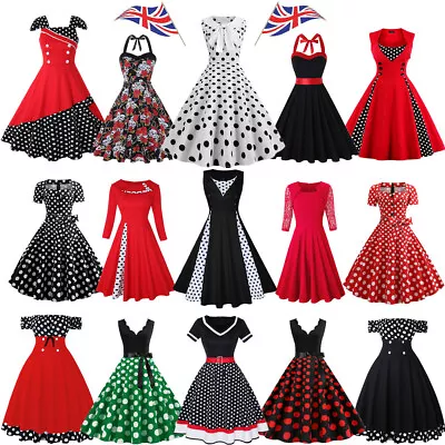 Women 50s / 60s Retro Rockabilly Cocktail Evening Party Polka Dot Swing Dress UK • £22.99