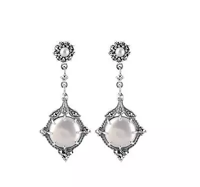 Drop Earrings 925 Sterling Silver  Set With Mother Of Pearl And Marcasite • £200.34