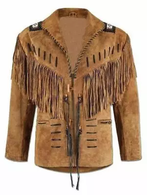 Mens Buckskin Leather Suede Jacket Fringes Deerskin Mountain Man Native American • $139.99