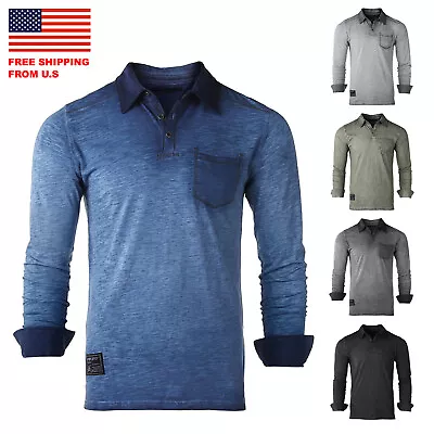 ZIMEGO Mens Long Sleeve Vintage Garment Oil Wash Color Dyed Pocket Polo Shirts • $24.75