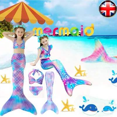 Kid Mermaid Tail With Monofin Swimmable Bikini Set Swimsuit Swimming Costume Set • £11.65