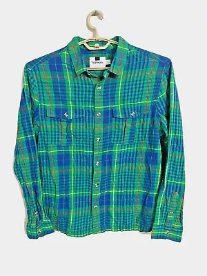 TOPMAN Flannel Shirt Mens XL Green Blu Plaid Cottn Pockets Long Slv Strt Hem NEW • $7.19