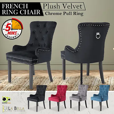 Dining Chair French Provincial Ring Studded Velvet Rubberwood LISSE • $189