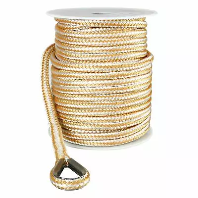 $78.12 • Buy 1/2 In 200FT Double Braid Nylon Rope Anchor Line W/Stainless Thimble White/Gold