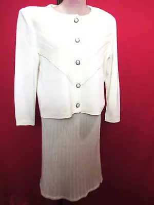 MITA Vintage Krinkle Spun White Knit Jacket Skirt Suit Size 6P Pearl Buttons • $37.49