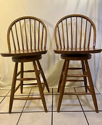 Vintage Matching Pair Windsor Spindle Back Swivel Counter/Bar Stools Solid Maple • $224.95