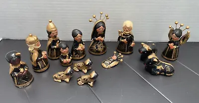 14 Pc Lot Mexican Clay Pottery Black Gold Hand Painted Nativity Folk Art Vintage • $40