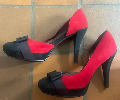 Jane Shilton Suede Platform Stiletto Bow Red & Black Shoes Size 40/6.5 • £16